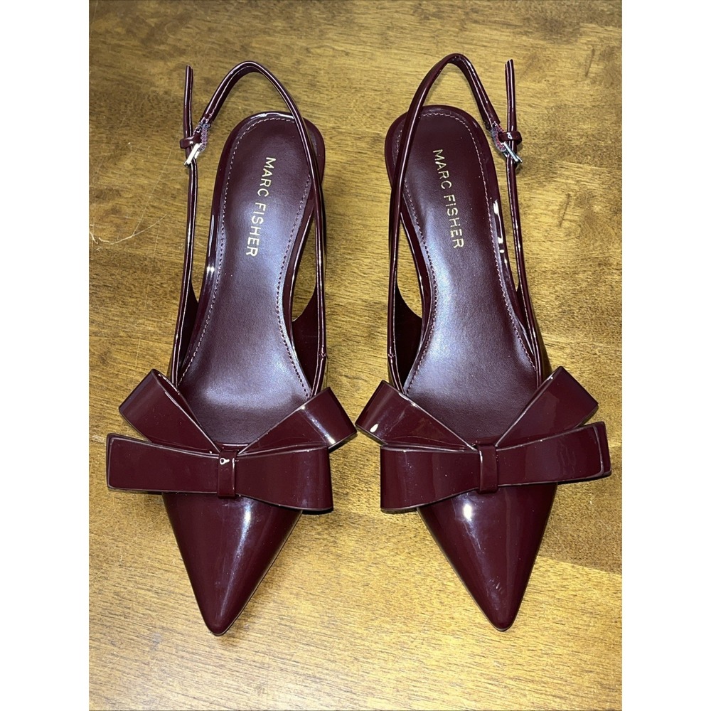 Marc Fisher Dark Red Allon Sling Back Kitten Heels Sz 6.5M W/Bow Coquette New
